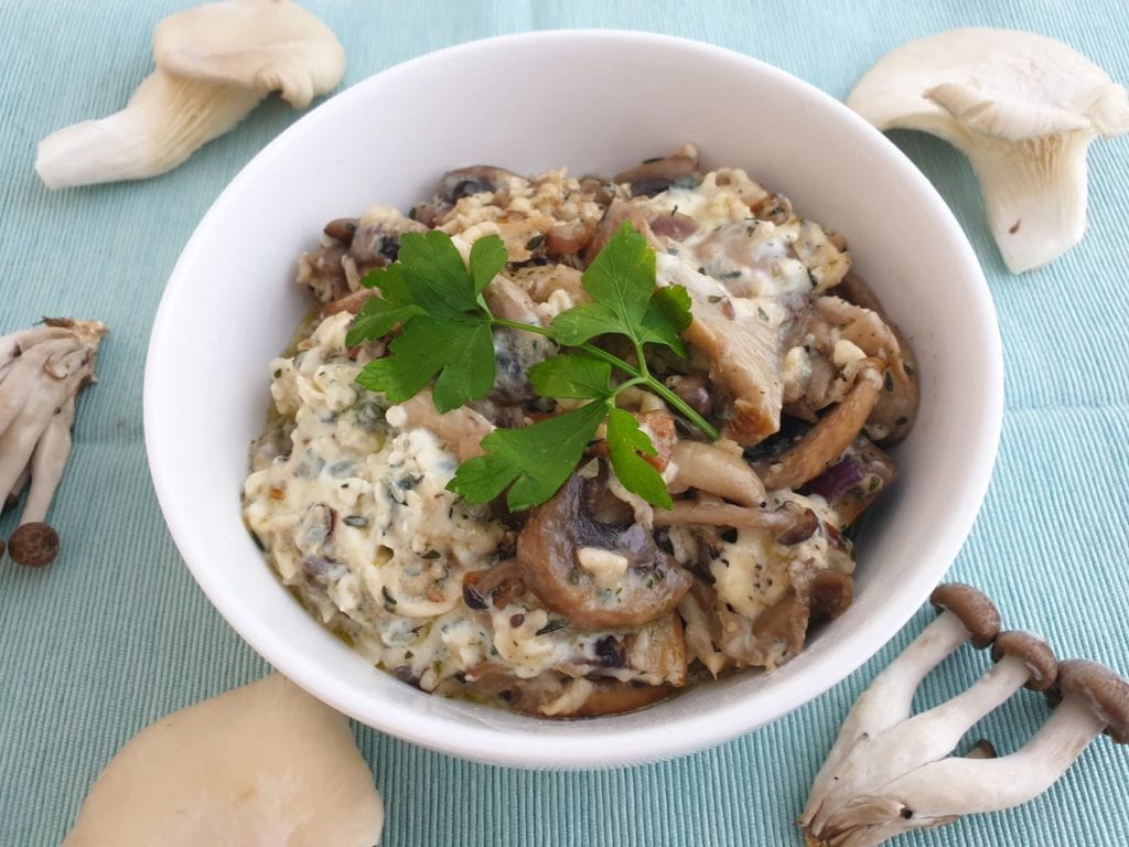 Witte kom met vegetarische stroganoff met platte peterselie