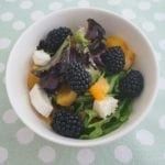 Salade met geitenkaas en bramen Witte kom met salade met stukjes geitenkaas en bramen